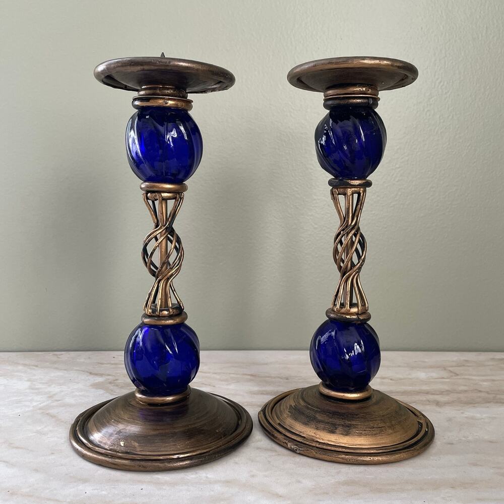 Pair of Metal Pillar Candle Holders - Bronze Cobalt Blue Glass India Boho